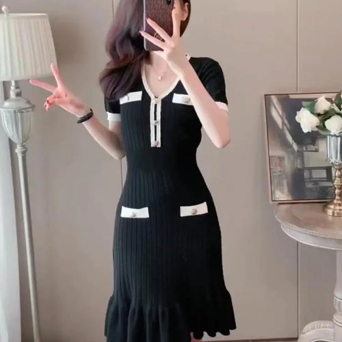 Load image into Gallery viewer, Summer Korean Patchwork V-neck Slim Ruffled Edge Pleated Short Sleeve Midi Dress Women Retro Holiday Wrap Hip Knitted Dress Chic

