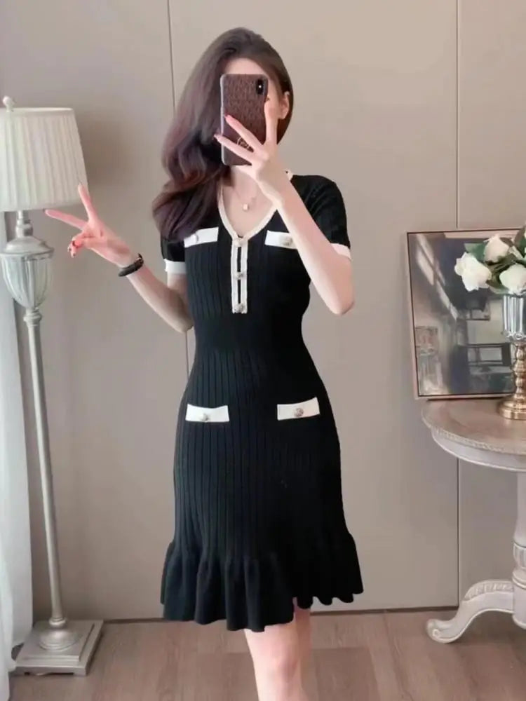 Summer Korean Patchwork V-neck Slim Ruffled Edge Pleated Short Sleeve Midi Dress Women Retro Holiday Wrap Hip Knitted Dress Chic