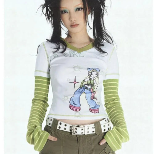 Load image into Gallery viewer, 2025 E-girl Fake Two Piece Striped Patchwork Long Sleeve Tshirts Women Harajuku Cartoon Graphic Tee Y2k Tops Aesthetic T-shirt
