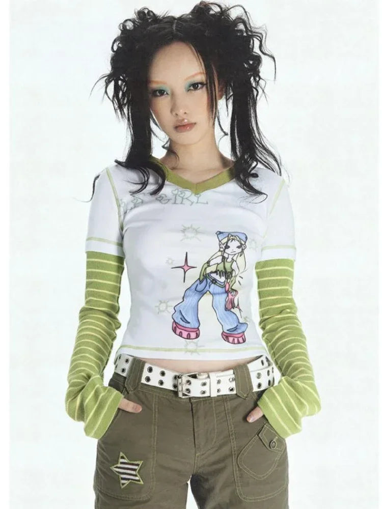 2025 E-girl Fake Two Piece Striped Patchwork Long Sleeve Tshirts Women Harajuku Cartoon Graphic Tee Y2k Tops Aesthetic T-shirt