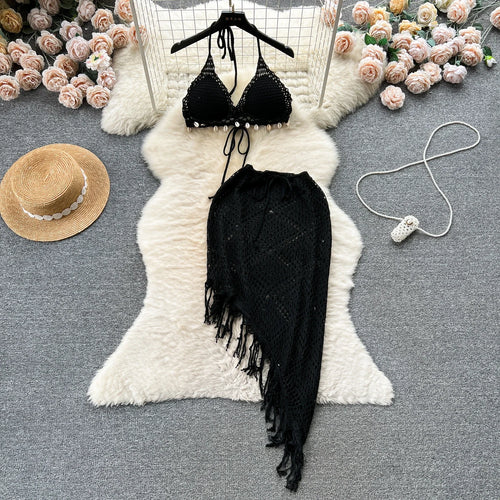 Load image into Gallery viewer, Vacation Sexy Suits Strapless Halter Backless Bikini+Drawstring Tassel Skirt Women Beach Knitted Two Pieces Suits
