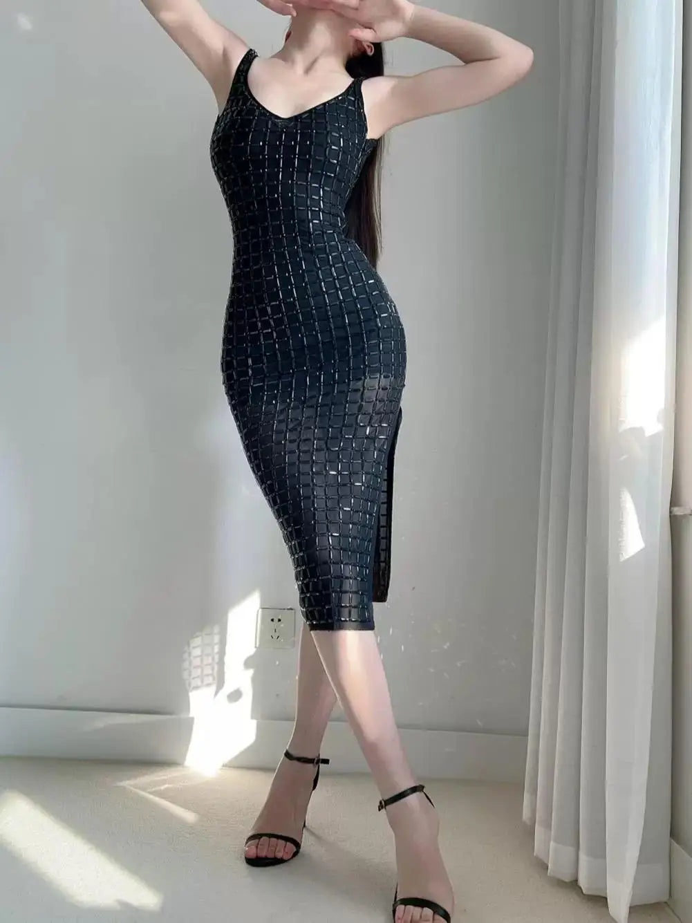 Summer French 2024 Khaki V Neck Sleeveless Party Slip Long Dress Women New Sexy Backless Slim Festival Wrap Hip Split Dress Chic