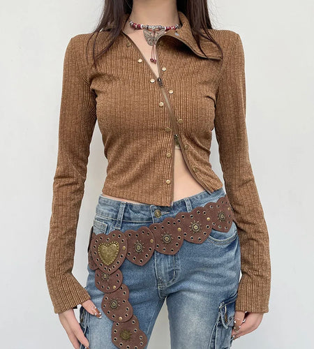 Asymmetrical Skinny Autumn T shirt Female Clothing Zipper Rivet Vintage Crop Top Jacket Fashion Chic Shirts Outwear