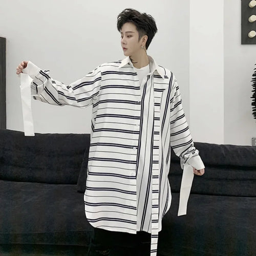 Load image into Gallery viewer, Niche Style Male Shirts Stripe Patchwork Loose Lace-up Casual Tops Lapel Long Sleeve Men&#39;s Clothing Spring Tide 9C6364
