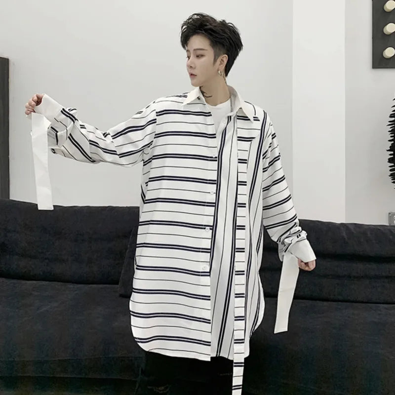 Niche Style Male Shirts Stripe Patchwork Loose Lace-up Casual Tops Lapel Long Sleeve Men's Clothing Spring Tide 9C6364