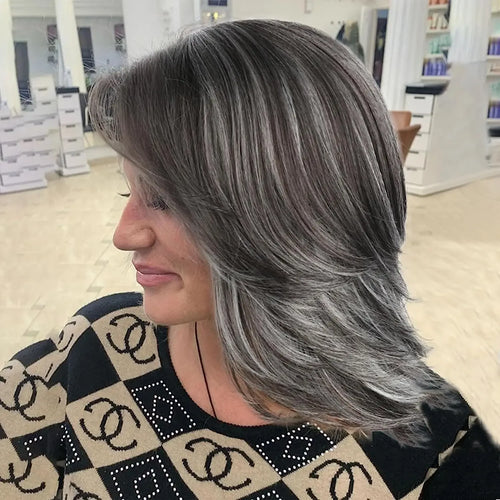 Load image into Gallery viewer, Synthetic Wigs for Women Long Hair Old Lady Wig Layered Hair with Curtain Bangs Mix Grey Color Natural Wigs for Daily
