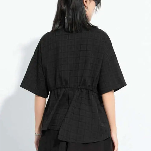 Load image into Gallery viewer, Women Black Plaid Drawstring Big Size Blouse New Lapel Short Sleeve Shirt Fashion Tide Spring Summer  2025 1DH6088
