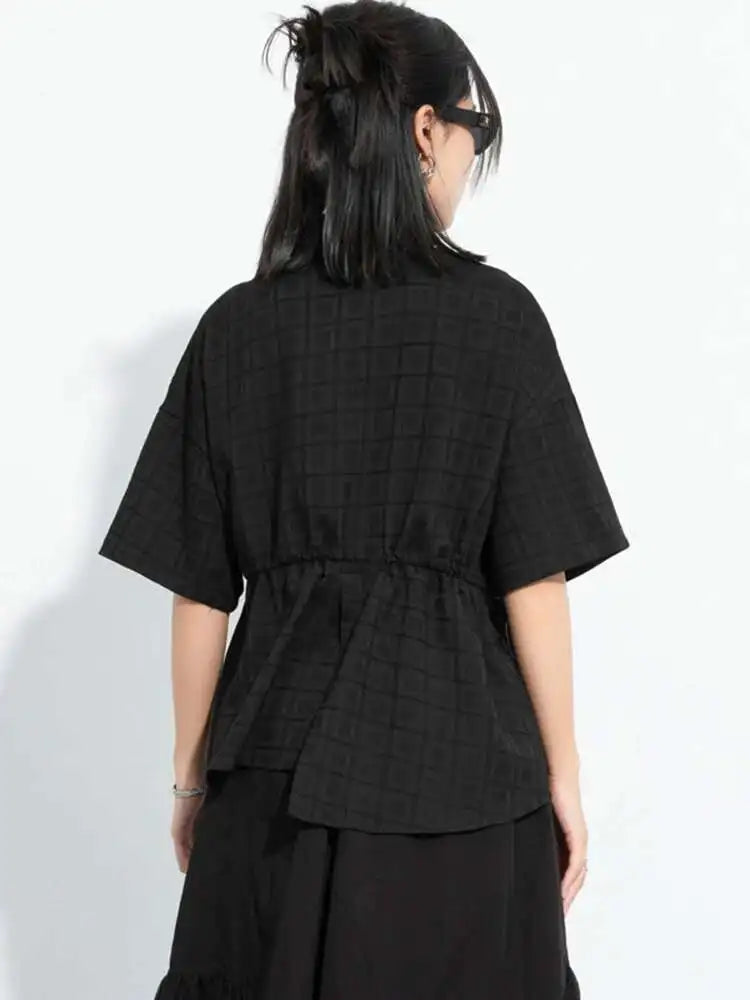 Women Black Plaid Drawstring Big Size Blouse New Lapel Short Sleeve Shirt Fashion Tide Spring Summer  2025 1DH6088