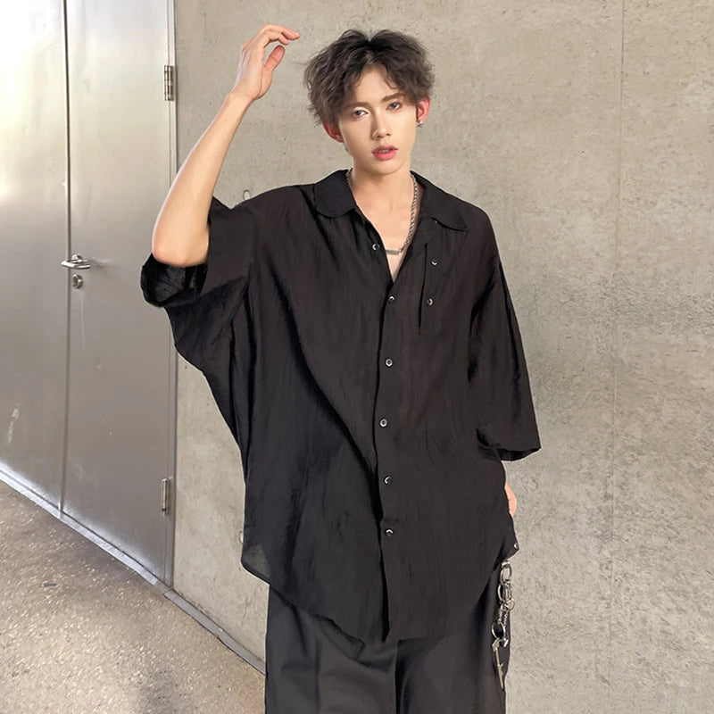 Men's Shirts Short Sleeve Turn-down Collar Trendy New Summer Korean Stlye Solid Color Simple Stylish Male Cloting 9W1976