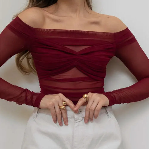 Load image into Gallery viewer, Summer Mesh Off-shoulder T-shirt Women Fashion Pleated Bust Backless Tees Tops Female Elegant Strapless See Through Top

