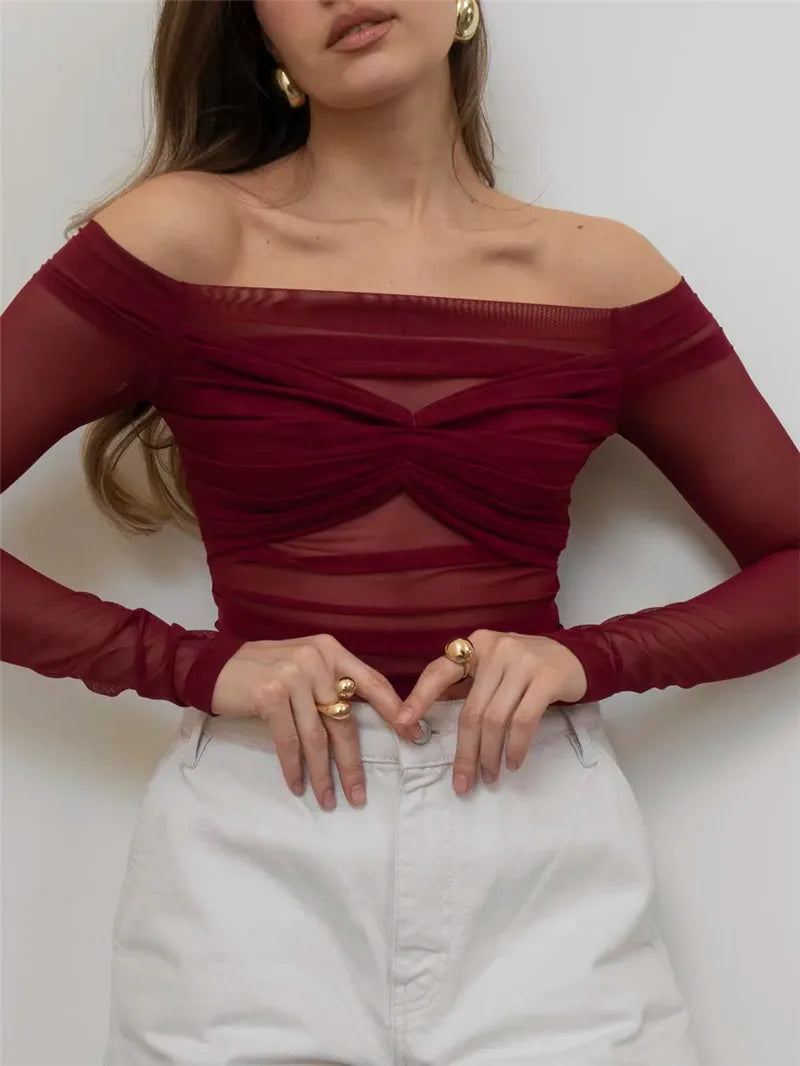 Summer Mesh Off-shoulder T-shirt Women Fashion Pleated Bust Backless Tees Tops Female Elegant Strapless See Through Top