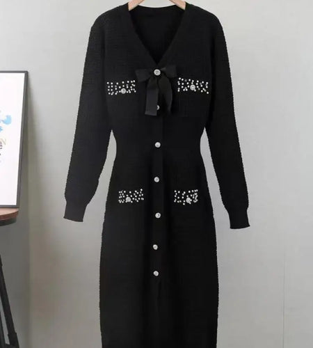 Autumn Winter Black White Single Breasted Diamonds Sweater Dress Korean Green Elegant Office Women's Long Sleeve Bow Knit Dress