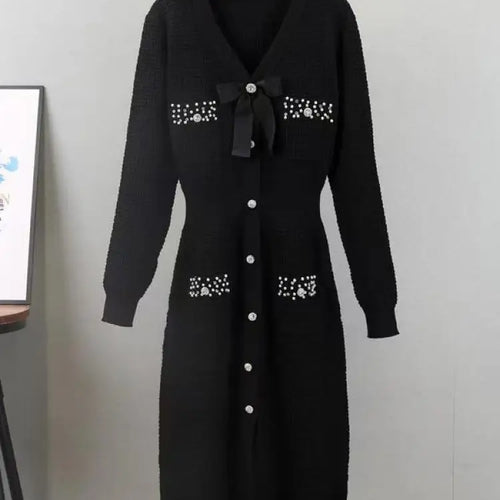 Load image into Gallery viewer, Autumn Winter Black White Single Breasted Diamonds Sweater Dress Korean Green Elegant Office Women's Long Sleeve Bow Knit Dress
