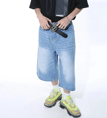 Casual Male Jeans Wide Leg Denim Shorts Contrast Color Male Fashion Washed Summer Fashion Loose Knee Length 9A8825