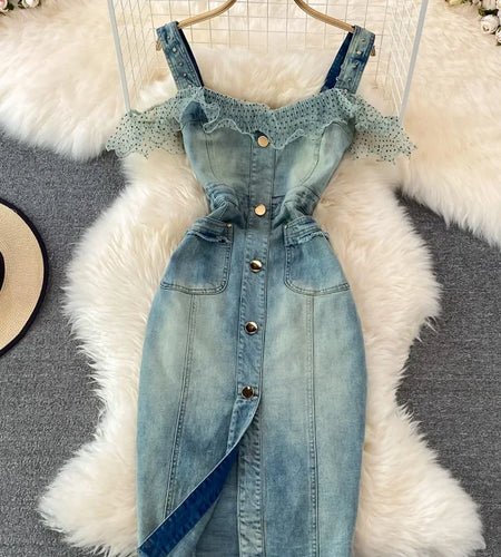 Denim Dress Sexy Style New Arrival Ins Strap Waist Mesh Polka Dot Ruffles Stitching Female Bodycon Midi Dresses Female Vestidos