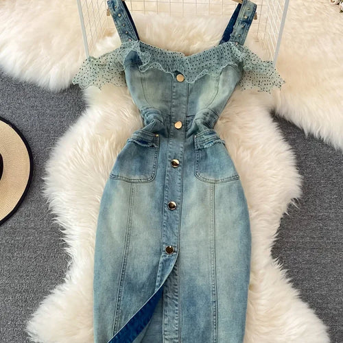 Load image into Gallery viewer, Denim Dress Sexy Style New Arrival Ins Strap Waist Mesh Polka Dot Ruffles Stitching Female Bodycon Midi Dresses Female Vestidos
