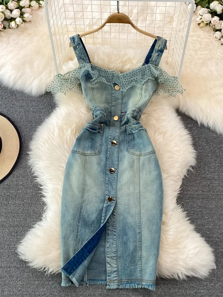 Denim Dress Sexy Style New Arrival Ins Strap Waist Mesh Polka Dot Ruffles Stitching Female Bodycon Midi Dresses Female Vestidos