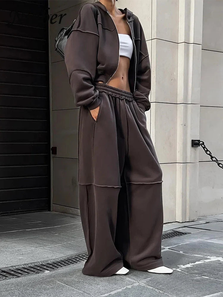 Sporty Women 2 Piece Set Casual Tracksuit Panelled Stripes Simple Hipster Hooded Zip Jacket+Wide Pants Matching Suits