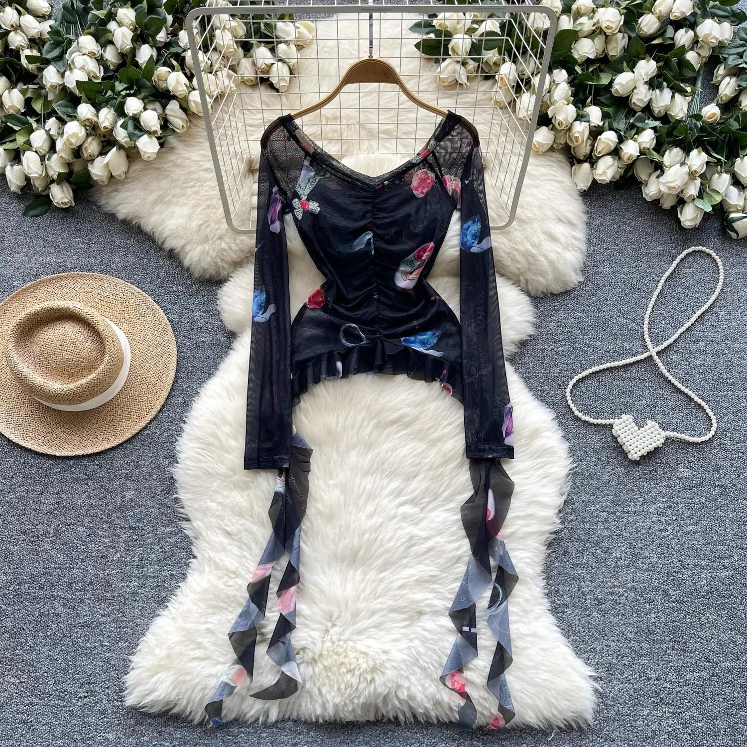 Vintage 2024 Autumn New Fashion Print Ruffle Edge Mesh Tops Korean Women's V Neck Slim Long Sleeved Asymmetrical Pleated T-shirt