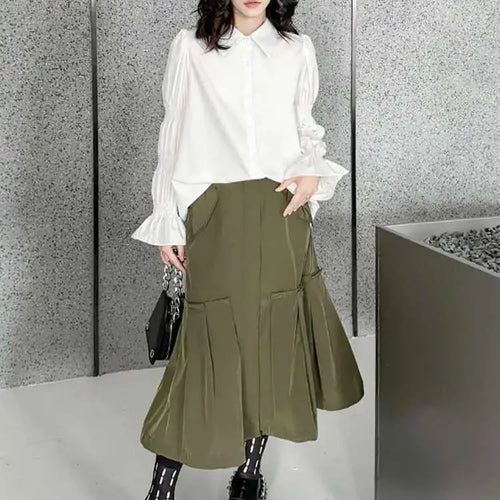 Load image into Gallery viewer, Women White Big Size Casual Blouse New Lapel Long Lantern Sleeve Pleated Shirt Fashion Tide Spring Autumn 2025 1DH4459
