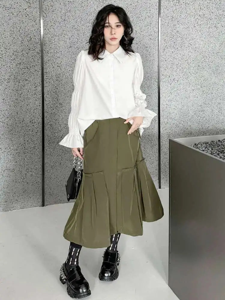 Women White Big Size Casual Blouse New Lapel Long Lantern Sleeve Pleated Shirt Fashion Tide Spring Autumn 2025 1DH4459