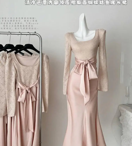 Autumn Vintage Fashion Pink Patchwork Lace Square Neck Elegant Bandage Fishtail Dress Women Long Sleeves Festival Party Dressees