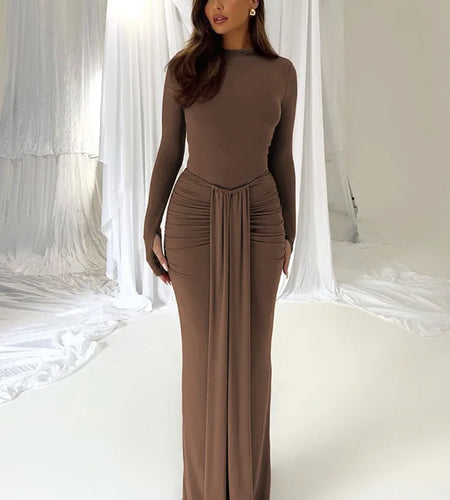 Ruched Draped Sexy Maxi Dress For Women Fashion O Neck Long Sleeve Bodycon Club Party Long Dress Female Elegant Dresses