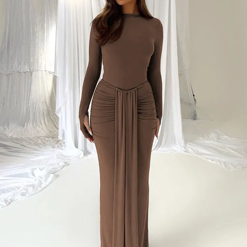 Load image into Gallery viewer, Ruched Draped Sexy Maxi Dress For Women Fashion O Neck Long Sleeve Bodycon Club Party Long Dress Female Elegant Dresses

