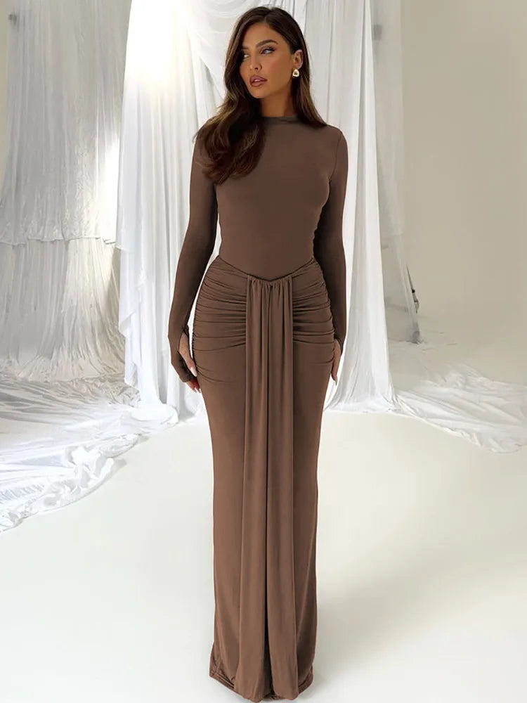 Ruched Draped Sexy Maxi Dress For Women Fashion O Neck Long Sleeve Bodycon Club Party Long Dress Female Elegant Dresses