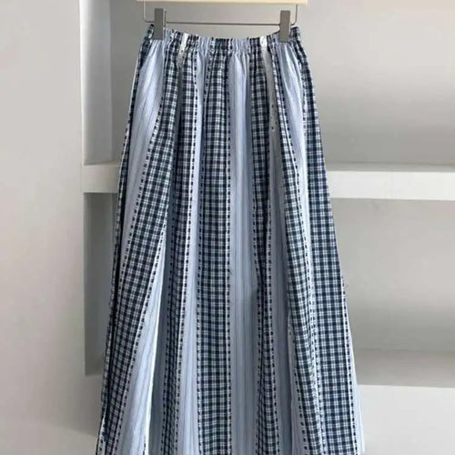 Load image into Gallery viewer, High Elastic Waist Blue Plaid Lace Color-block A-line Half-body Skirt Women Fashion Tide New Spring Autumn 2025 1DJ0356
