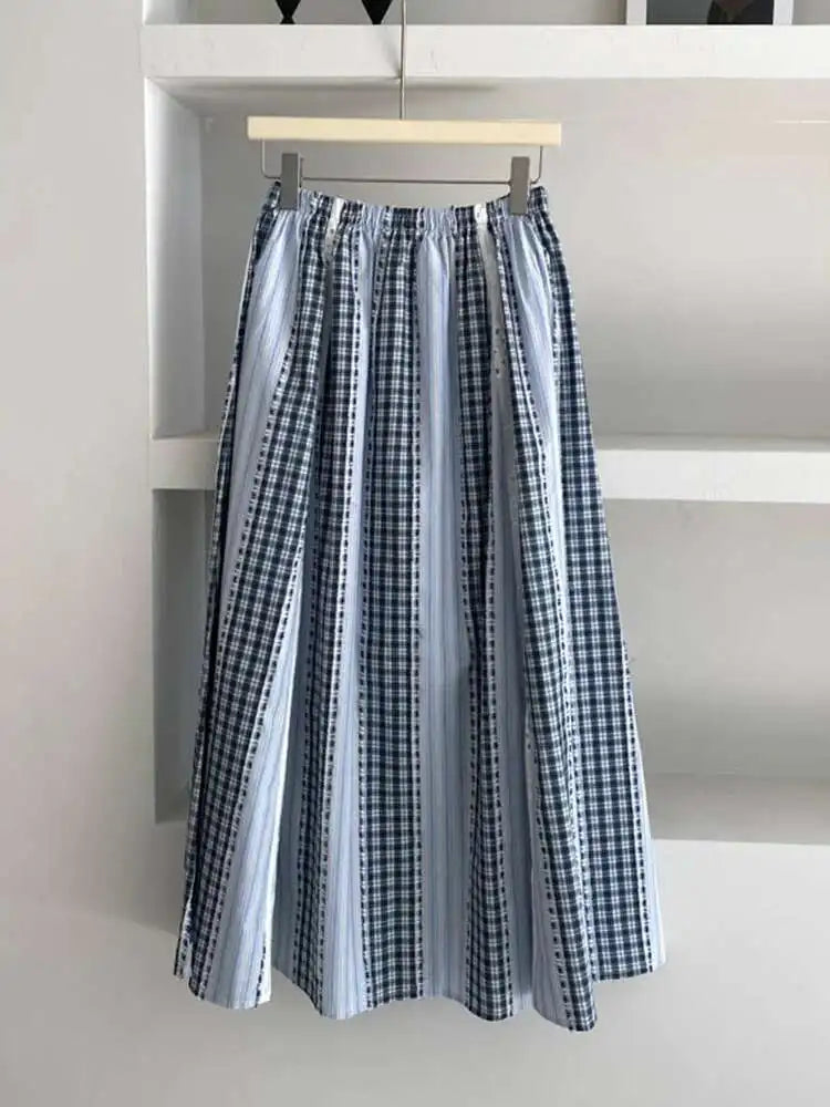 High Elastic Waist Blue Plaid Lace Color-block A-line Half-body Skirt Women Fashion Tide New Spring Autumn 2025 1DJ0356
