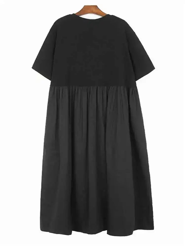 Women Black Ribbons Design Big Size Midi Dress New Round Neck Short Sleeve Fashion Tide Spring Summer 2025 1DH5566