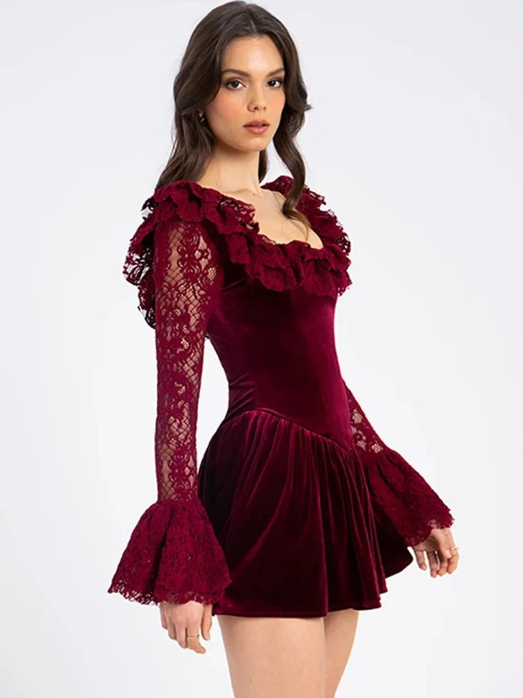 Elegant Long Sleeve Lace Patchwork Tight Dress Women Sexy Trumpet Sleeves Slim Skirt Autumn/Winter New 2025 Vestido