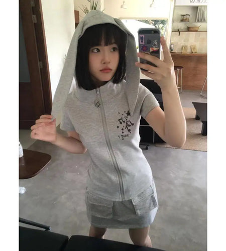 Sweet Shirts for Women Hooded Zipper Tshirts Short Sleeve Tunic Summer Tees 2023 Ropa Mujer Casual Solid Color T Shirt Y2k Tops