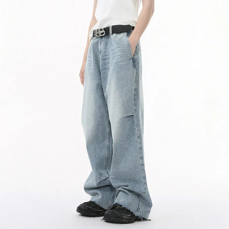 Men's Jeans Solid Color Design Personalized Pleated Casual Curved Knife Fashion Loose Washed Male Denim Pants Summer 9W1587