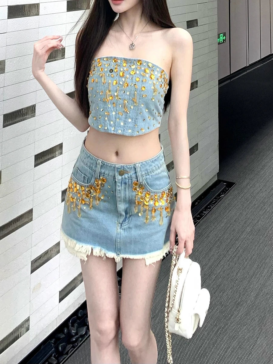 Hit Color Spliced Diamonds Two Piece Set For Women Strapless Top High Waist Skirts Sets Female Fashion Style New