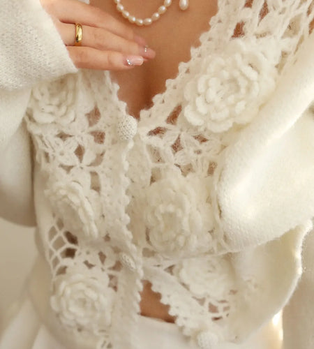 Women Crochet Hollow Out Sweater Single Breasted Temperament Wool Blend Long Sleeve Female Cardigan  C-146