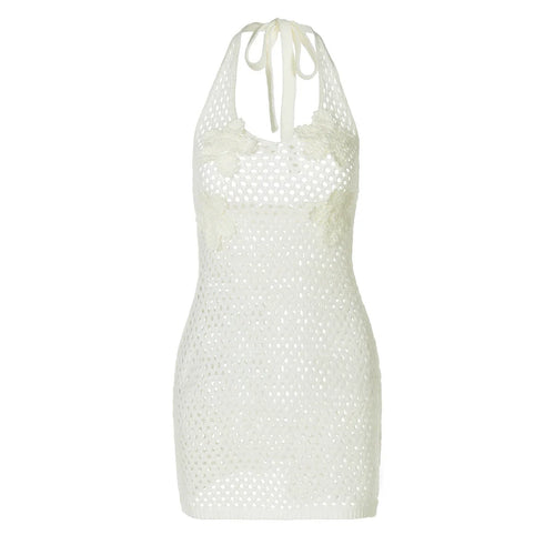 Load image into Gallery viewer, Hollow Out Beach Knit Sexy Mini Dress Women Elegant Halter Lace-up Sleeveless Backless Vacation Club Party Dress
