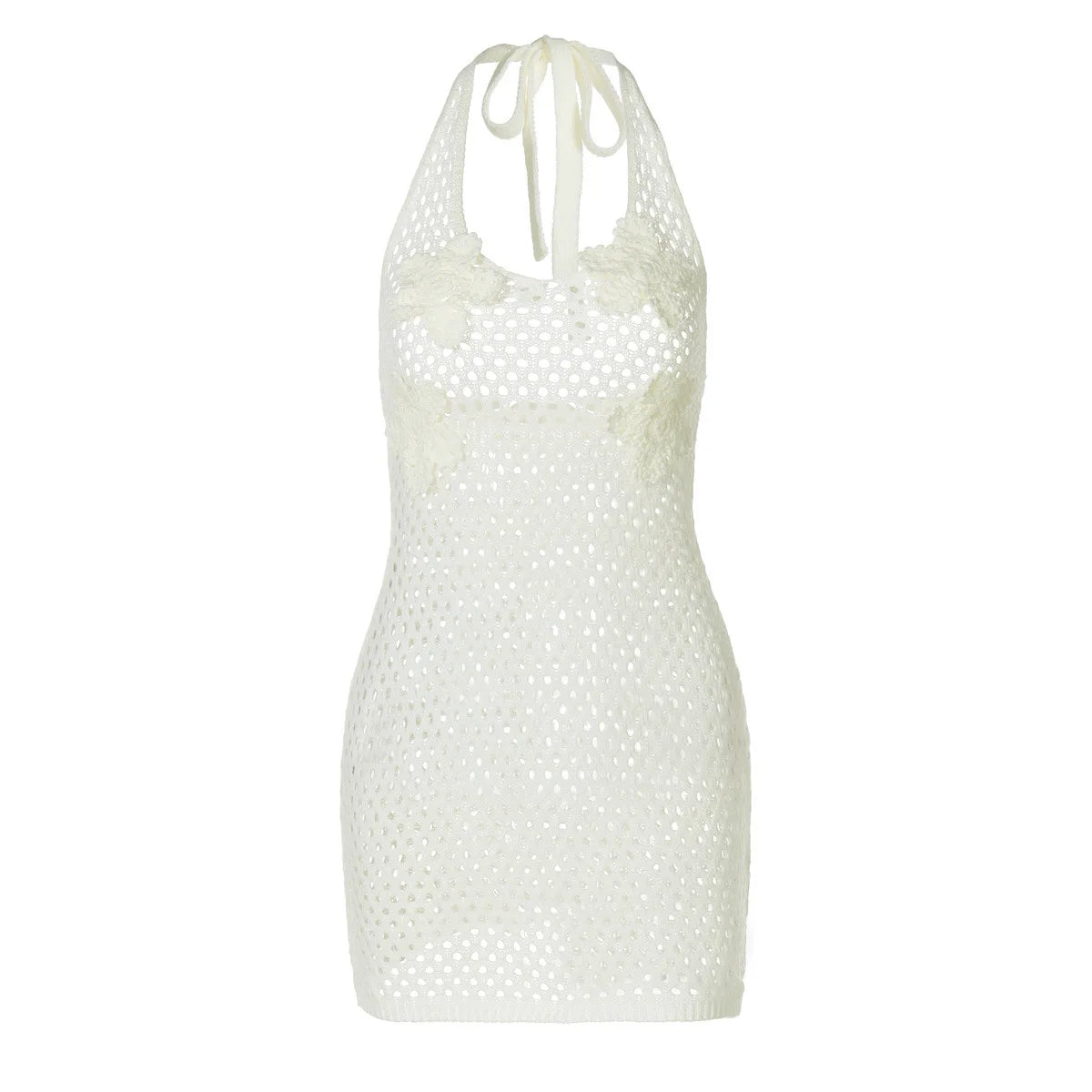 Hollow Out Beach Knit Sexy Mini Dress Women Elegant Halter Lace-up Sleeveless Backless Vacation Club Party Dress