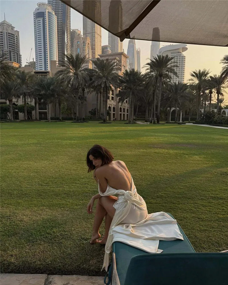 Satin Backless Sexy Maxi Dress For Women Elegant Rose Thigh High Split Beach Holiday Long Dress Gorgeous Club Gown