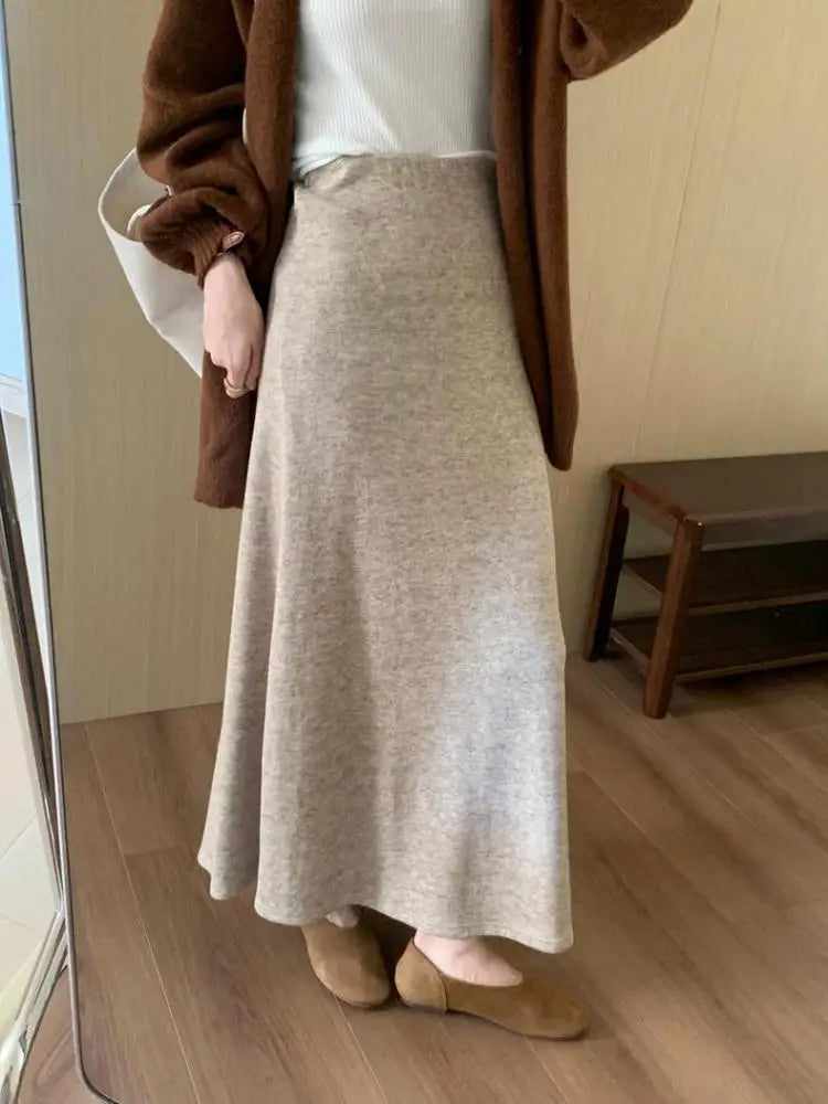 Korean Version 2024 Solid High Waist Versatile Slim Long Skirts For Women Autumn Office Elegant Festival Skirt Simplicity Street
