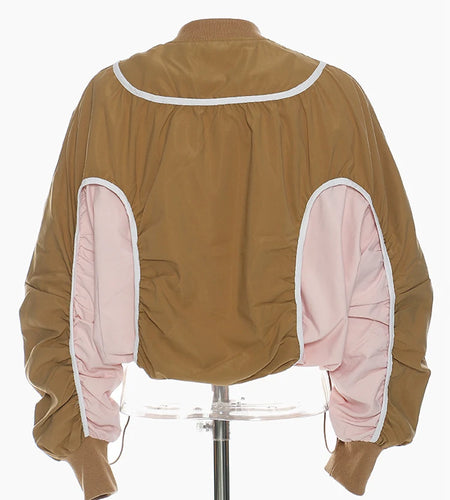 Khaki Color-block Drawstring Big Size Jacket New Stand Collar Long Sleeve Women Coat Fashion Spring Autumn 2025 1DH5645