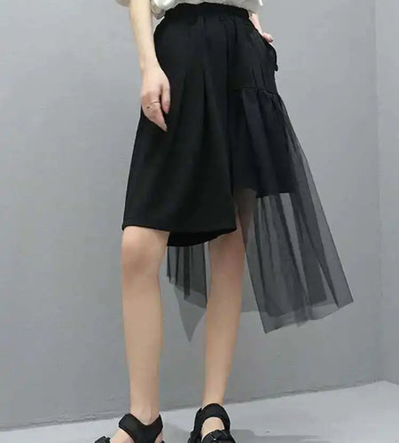 High Elastic Waist Irregular Mesh Black Wide Leg Pants New Loose Fit Trousers Women Fashion Spring Summer 2025 1DF4795