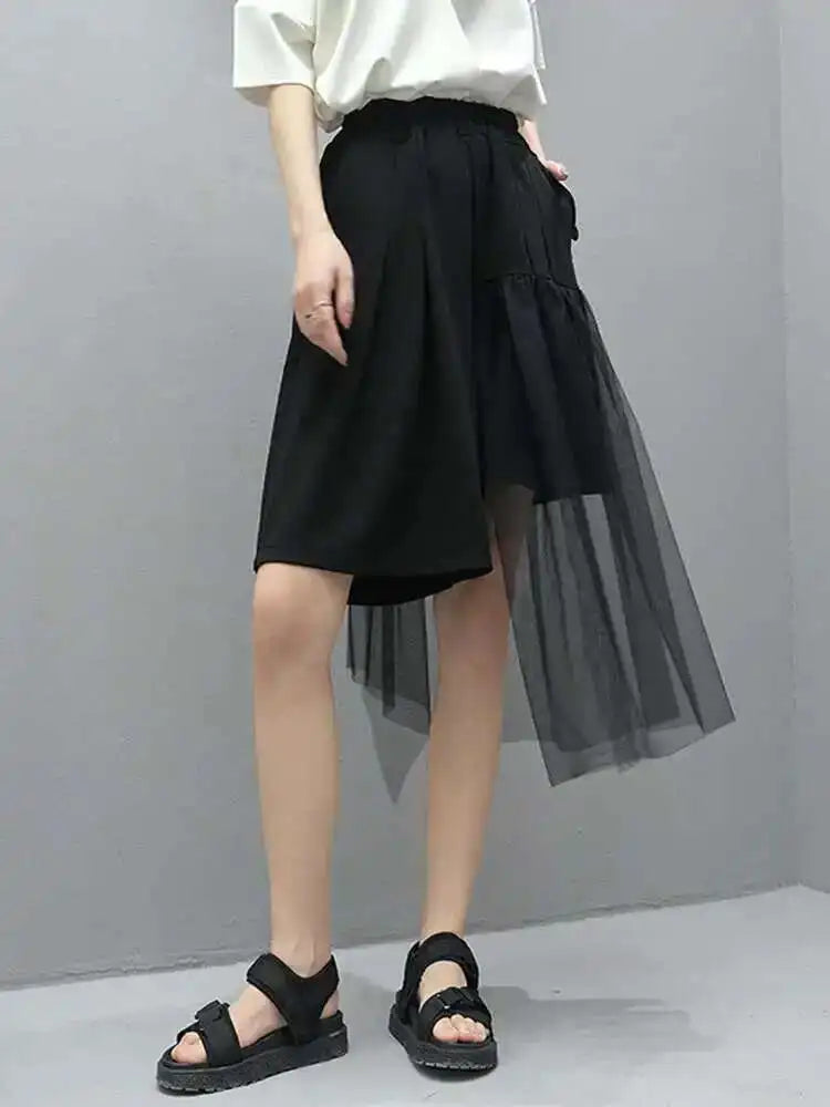 High Elastic Waist Irregular Mesh Black Wide Leg Pants New Loose Fit Trousers Women Fashion Spring Summer 2025 1DF4795