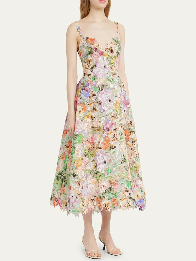 Hit Color Floral Printing Backless Dress For Women V Neck Sleeveless High Waist Slimming Elegant Dresses Female Fashion New