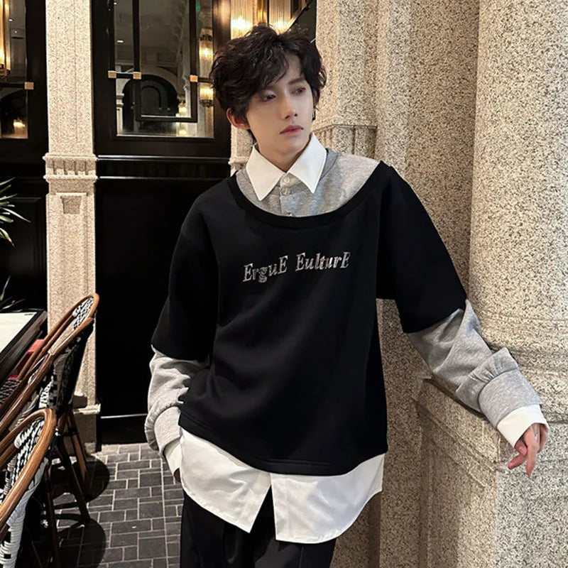 Male Sweatshirts Long Sleeve New Korean Turn-down Collar Design Patchwork Loose Men's Clothing Summer Men Tops 9W1606