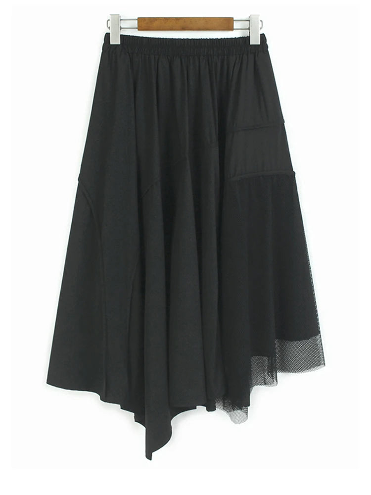 High Elastic Waist Gray Irregular Mesh Spliced A-line Half-body Skirt Women Fashion Tide New Spring Autumn 2025 1DJ1418