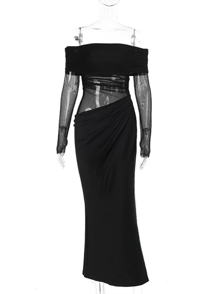 Off-shoulder Mesh See Through Sexy Maxi Dress For Women Elegant Strapless Long Sleeve Backless Bodycon Club Party Dress