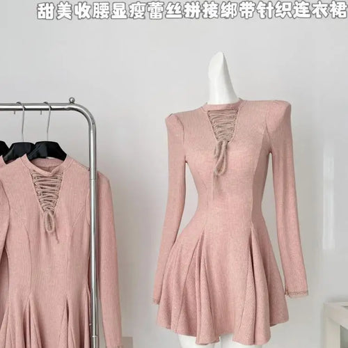 Load image into Gallery viewer, Autumn Winter Women Sweet Pink Lace-up Round Neck Long Sleeved Pleated Short Dress 2024 Sexy Elegant High Waist Mini Knit Dress
