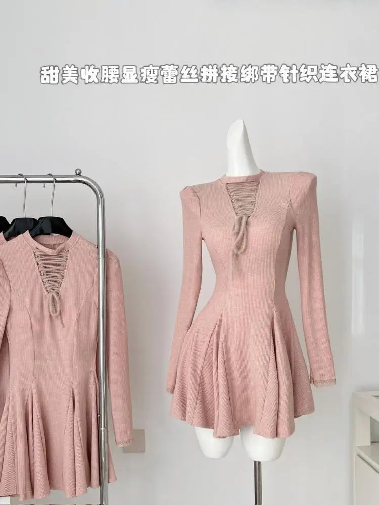 Autumn Winter Women Sweet Pink Lace-up Round Neck Long Sleeved Pleated Short Dress 2024 Sexy Elegant High Waist Mini Knit Dress
